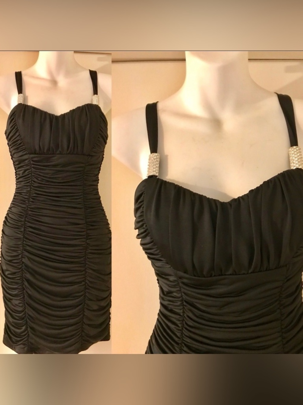 Vintage Y2K RUCHED Black Wiggle Rhinestone Mini  DRESS XS
